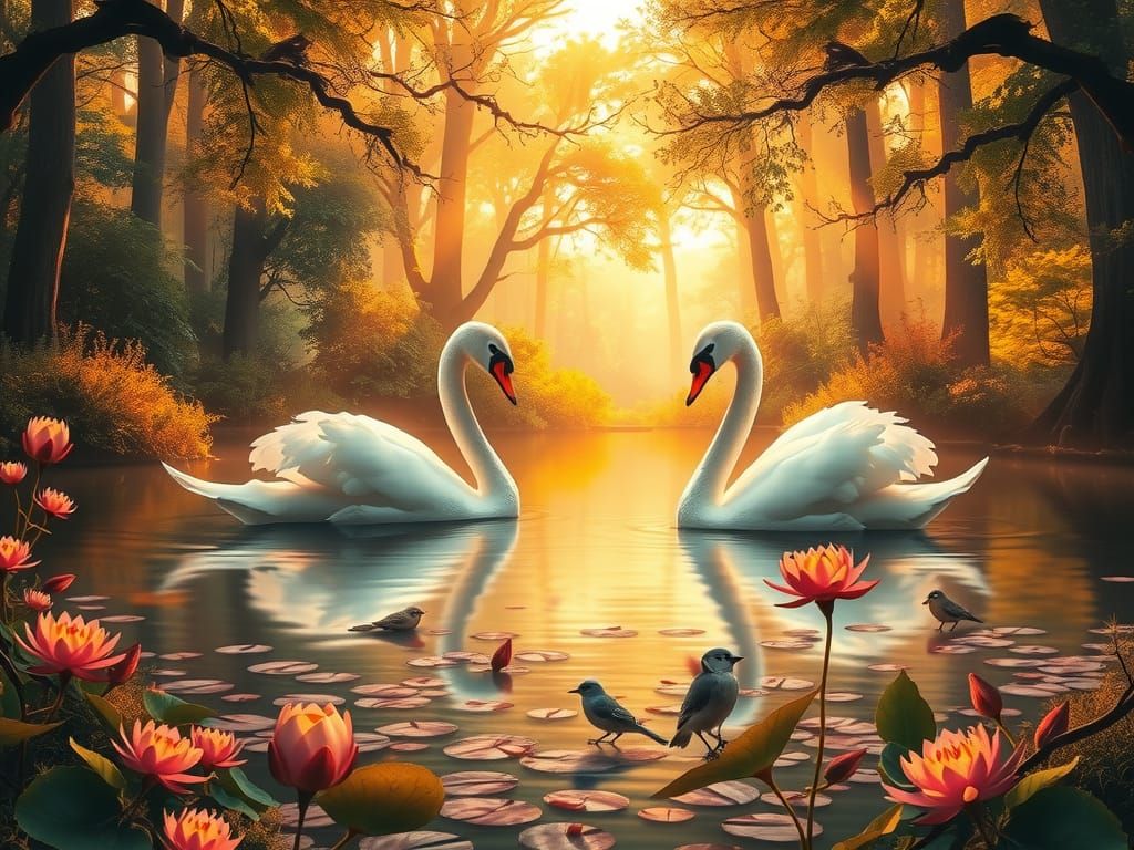 Enchanted Forest Scene with Swans in Dreamy Style