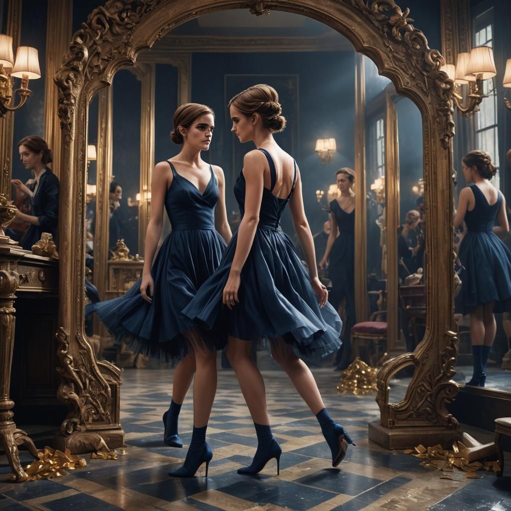 Emma Watson with low bun hairstyle wearing a brigth dark blue slip dress  with long net socks and heels checking in the mirror - AI Generated Artwork  - NightCafe Creator