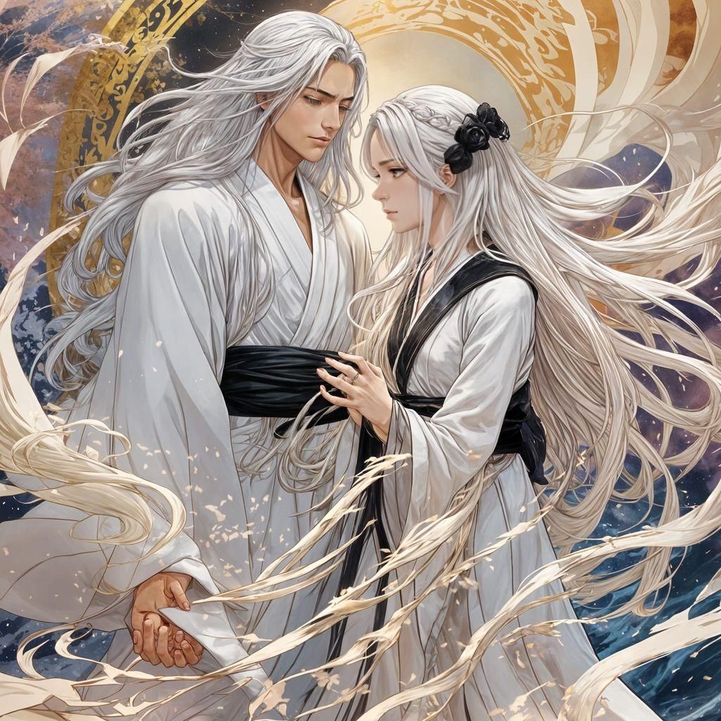 Anime Couple Achieving Transcendence in Cel-Shaded Style