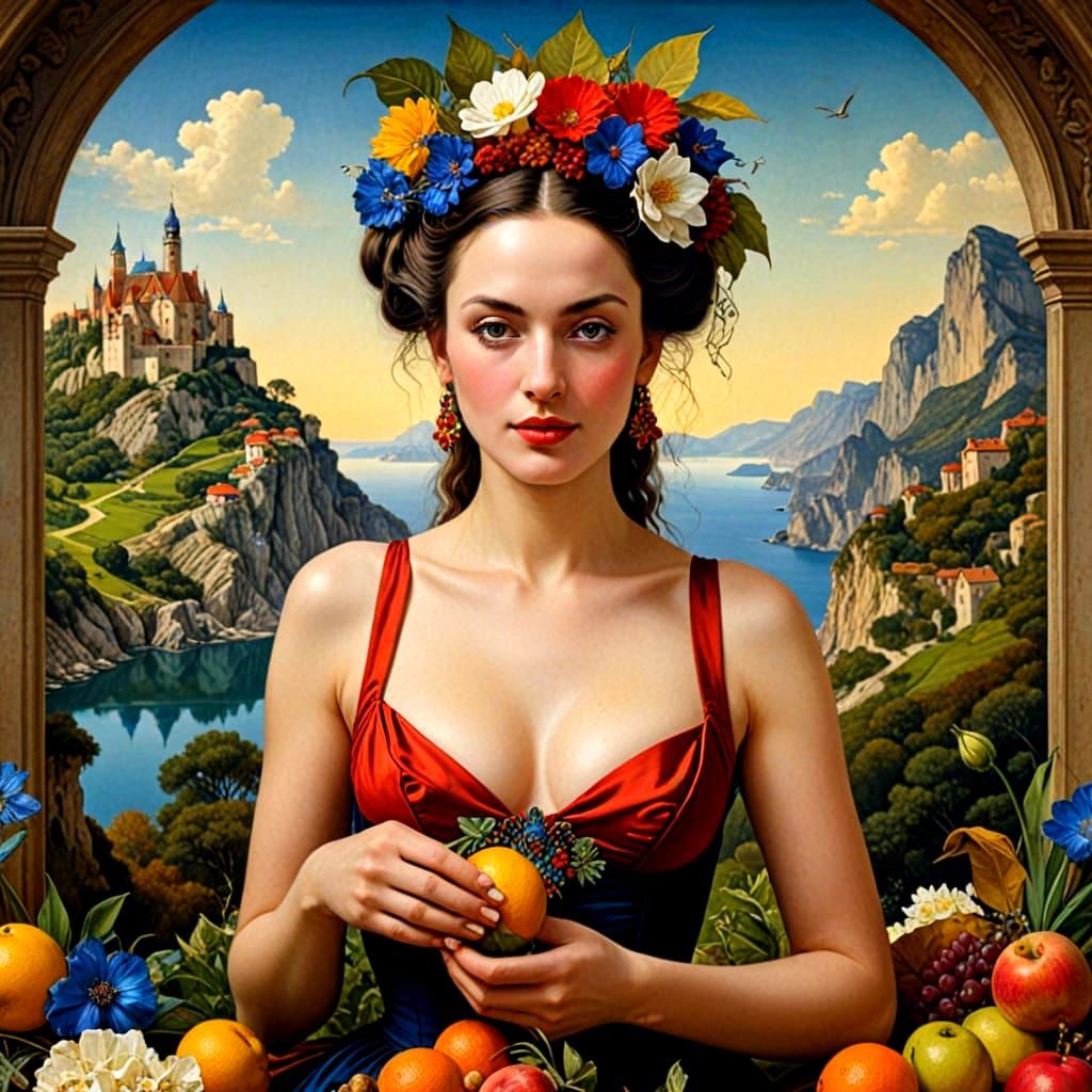 Sensual Surrealist Portrait in Vibrant Fantasy Landscapes