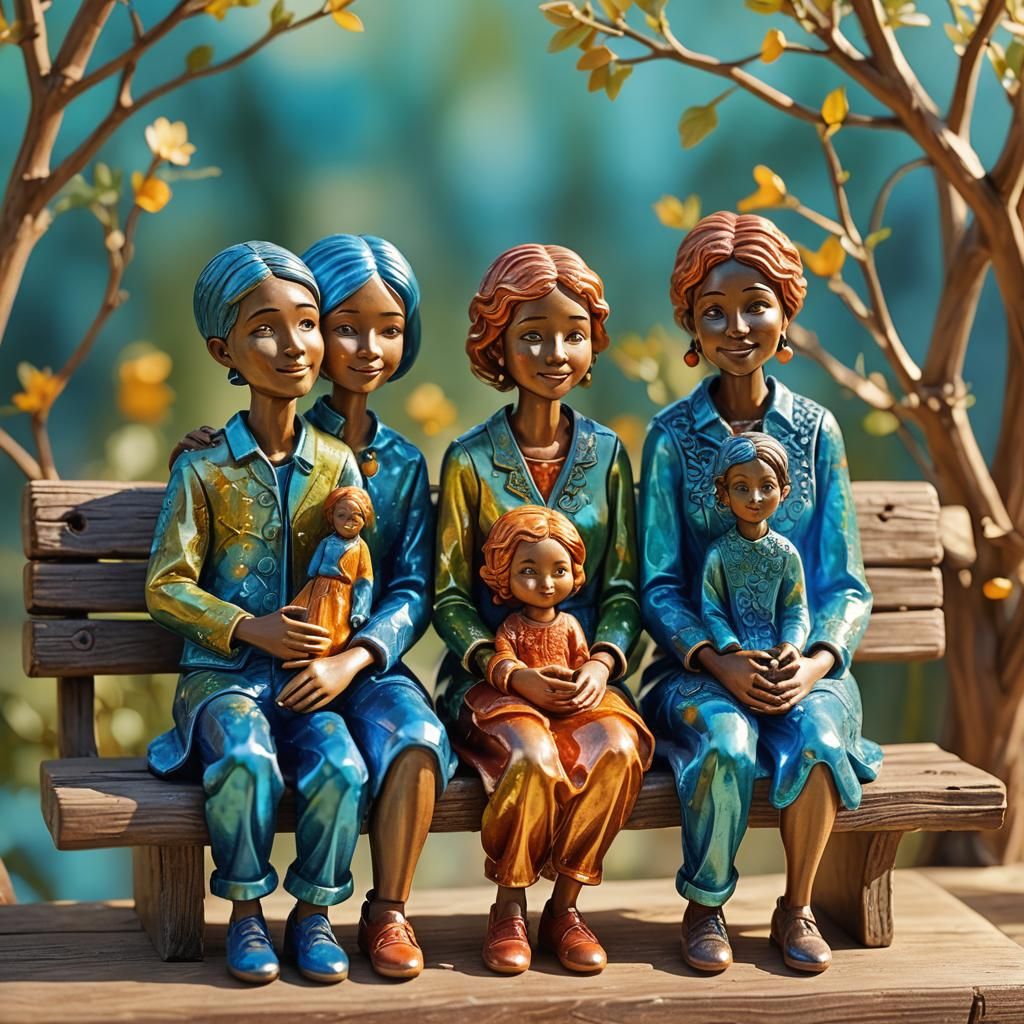 Enameled glass figurine in ciano,family,bench