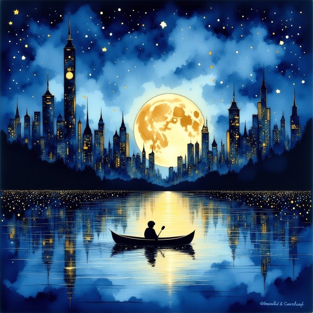 <lora:Cute Vintage flux:1.0> Inkdrip Watercolor and oilMidnight blue backdrop with gold silhouette of city skyline and rose gold full moon g...