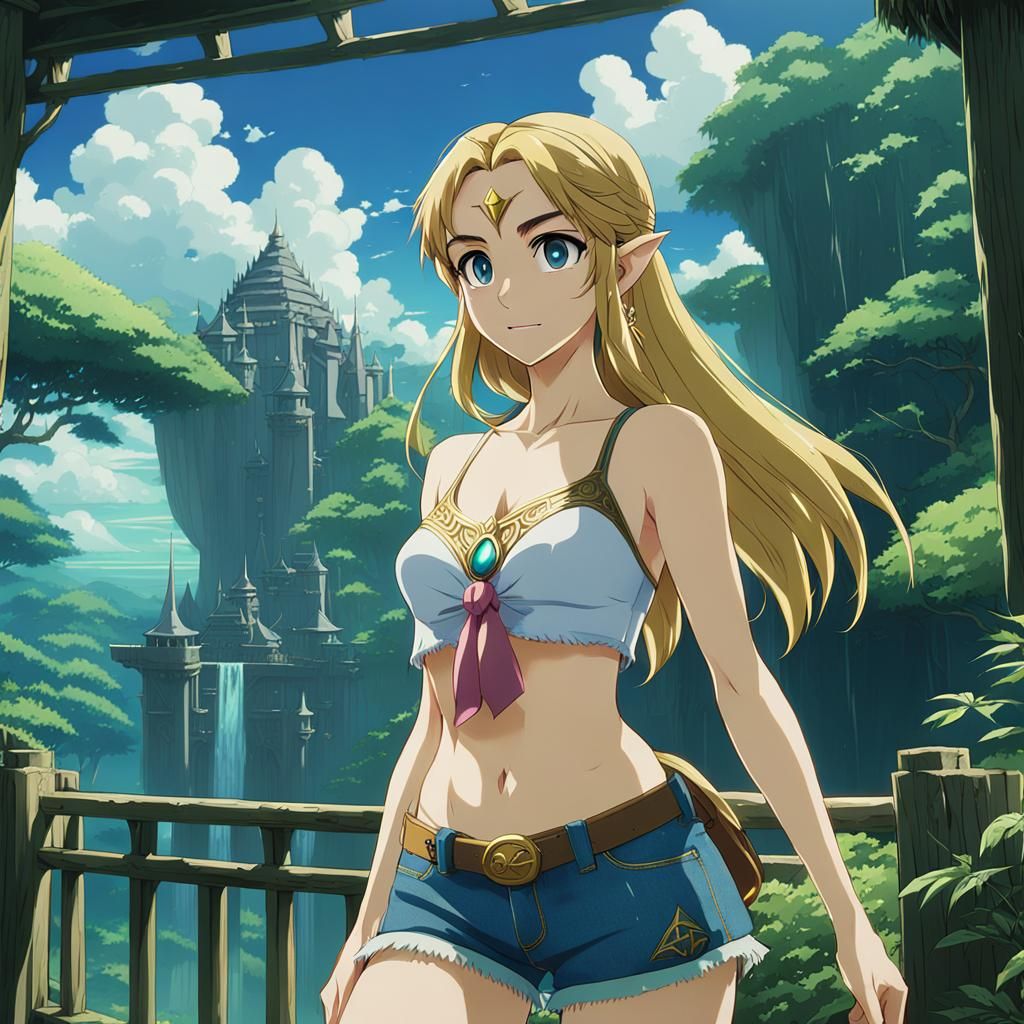 Princess Zelda wearing a bikini top and jean shorts