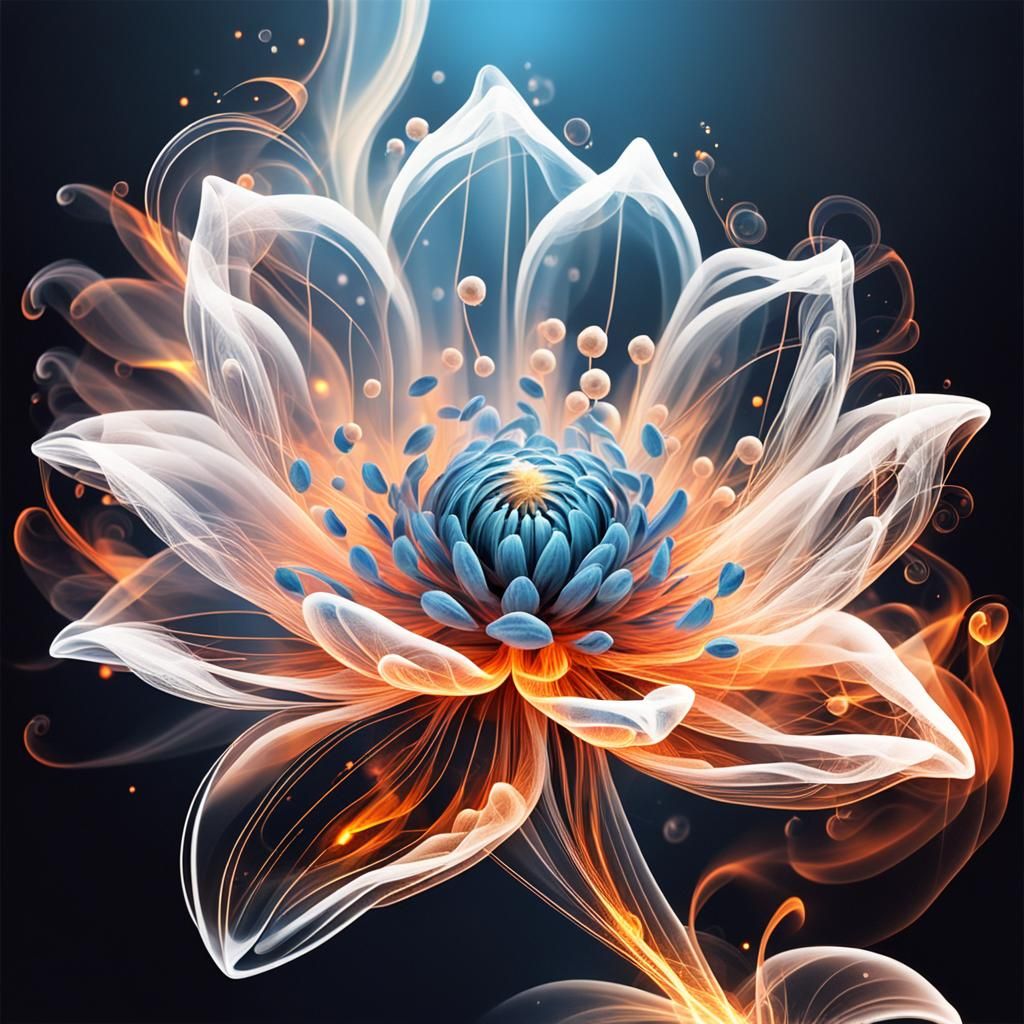 Binary Code Dream transparent white flower made from firey smoke