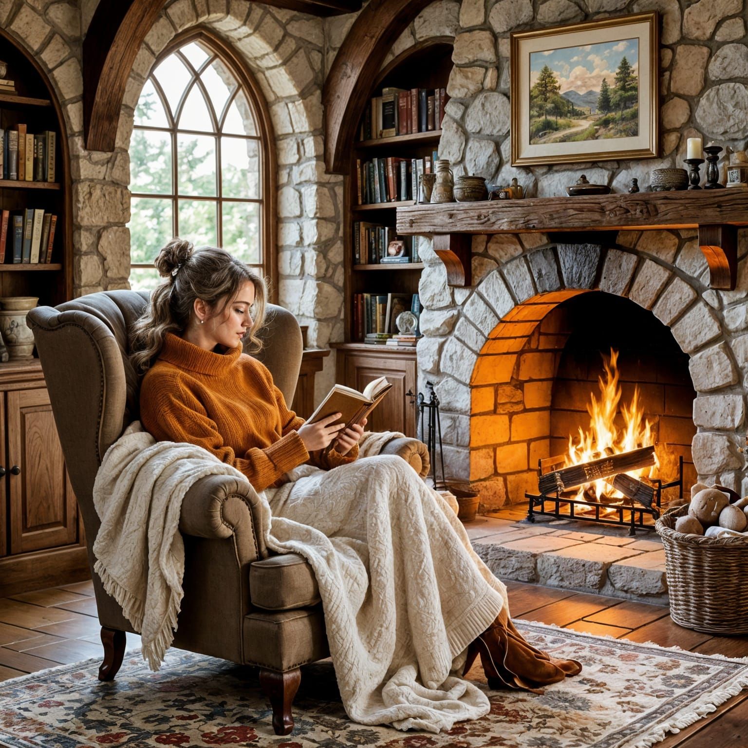 A vintage armchair hugs a plush blanket.
Crackling fireplace casts dancing shadows nearby.
Bookshelves ...  by @KomBib