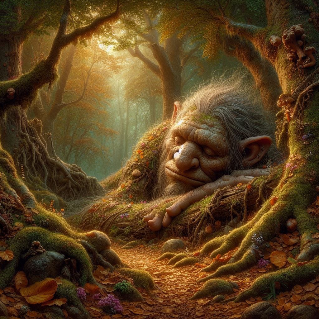 **„Der schlafende Troll: Ein mystisches Wesen in einem verzauberten Wald voller Magie und Geheimnisse“** ...  by @bedisi yseven