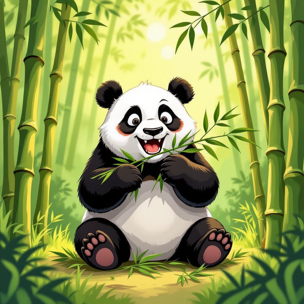 Happy Panda Eating Bamboo in Lush Forest Storybook Style