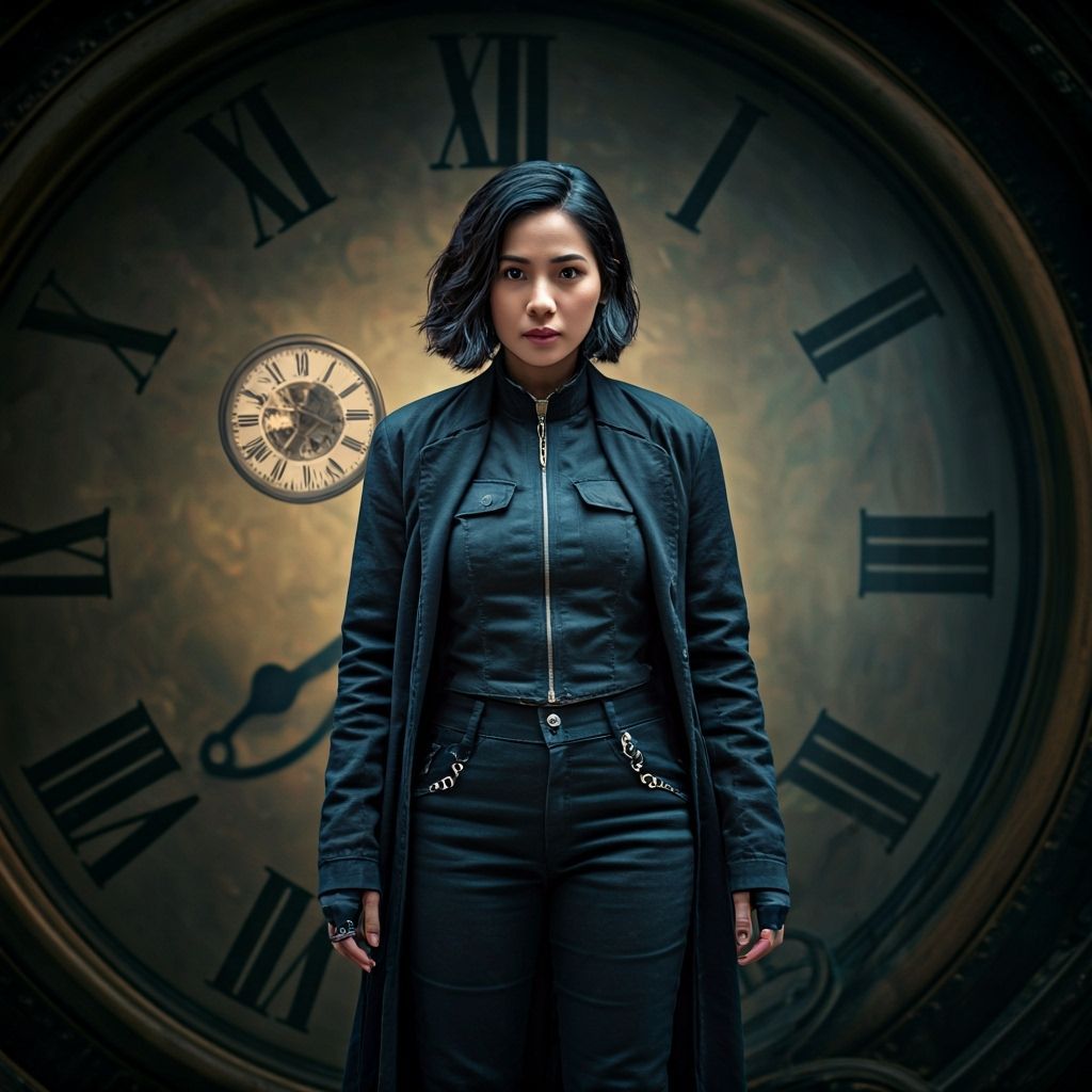 Thai Woman Amidst Giant Clocks in Cinematic Portrait