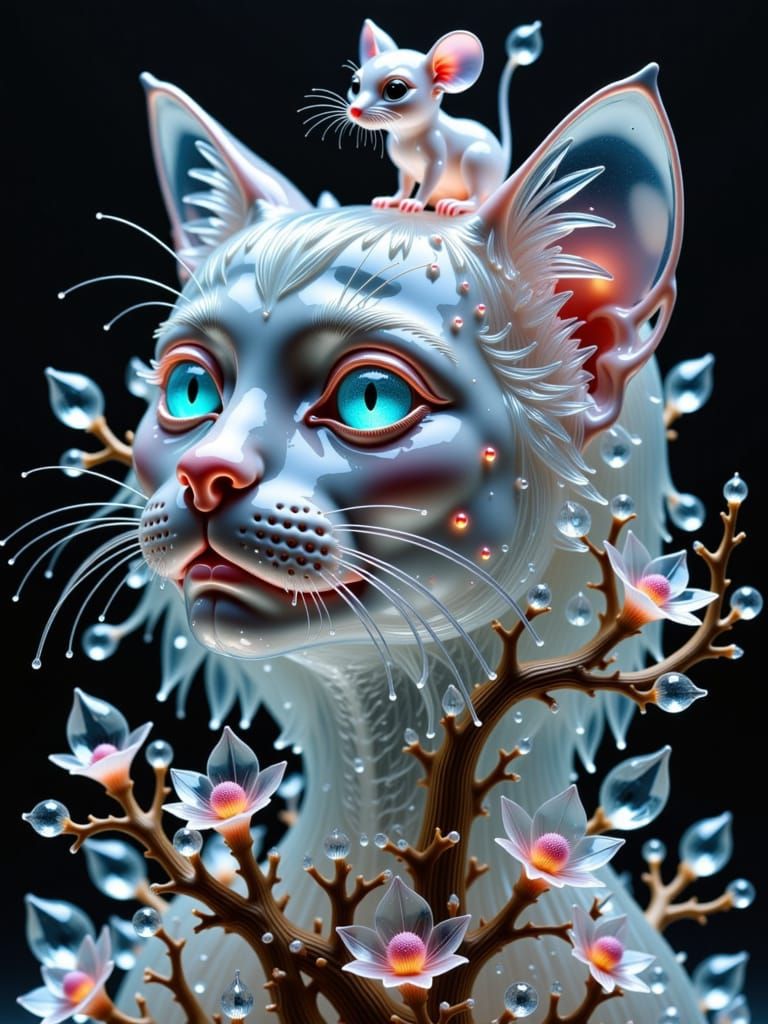 A Transparent crystal cat-face, with transparent black tears running down her crystal cat-face, disheveled fluffy hair, as transparent cryst...