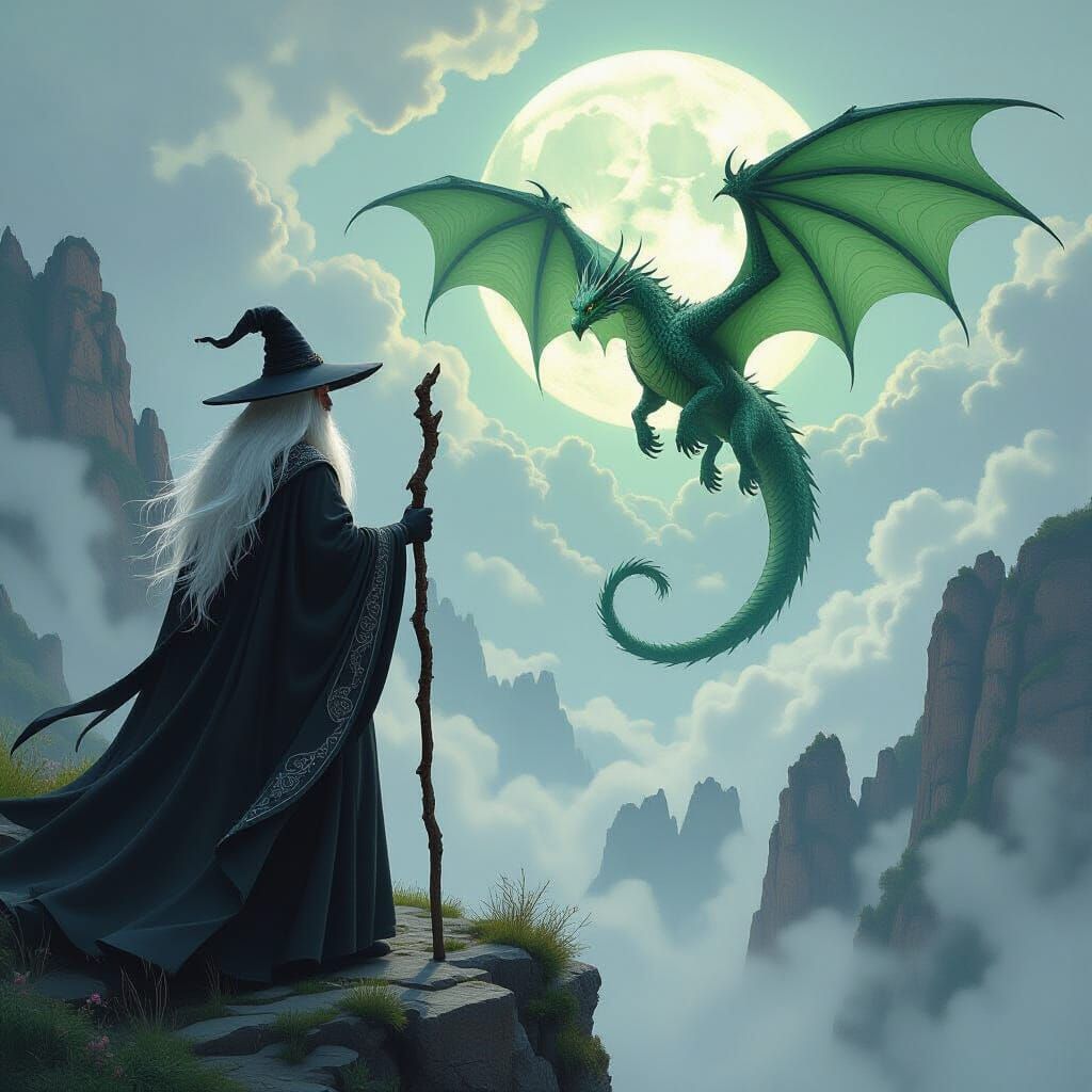 A wizard in black robes with a walking stick and a long white beard stands on a cliff, staring at a dragon flying in an eerie sky. The drago...