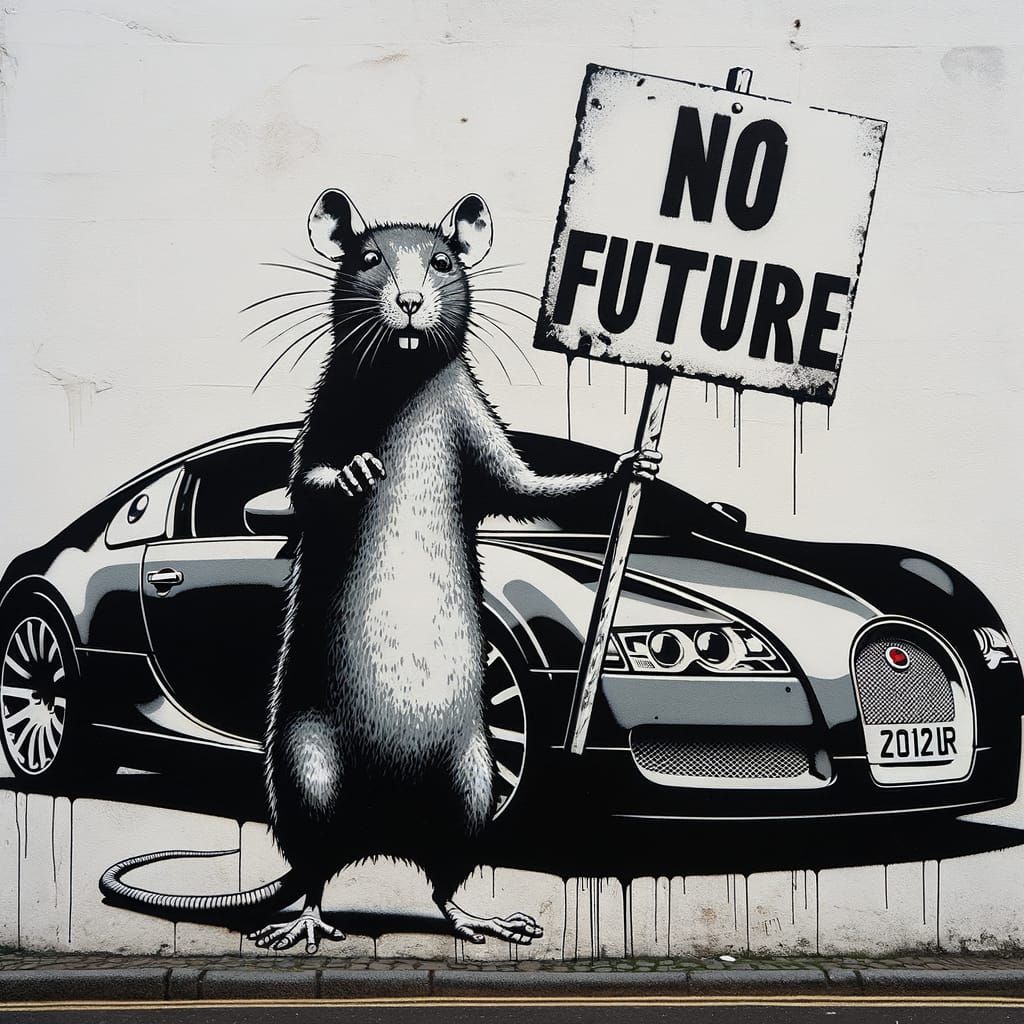 Rat Confronts Luxury in a 19th Century Street Art Style