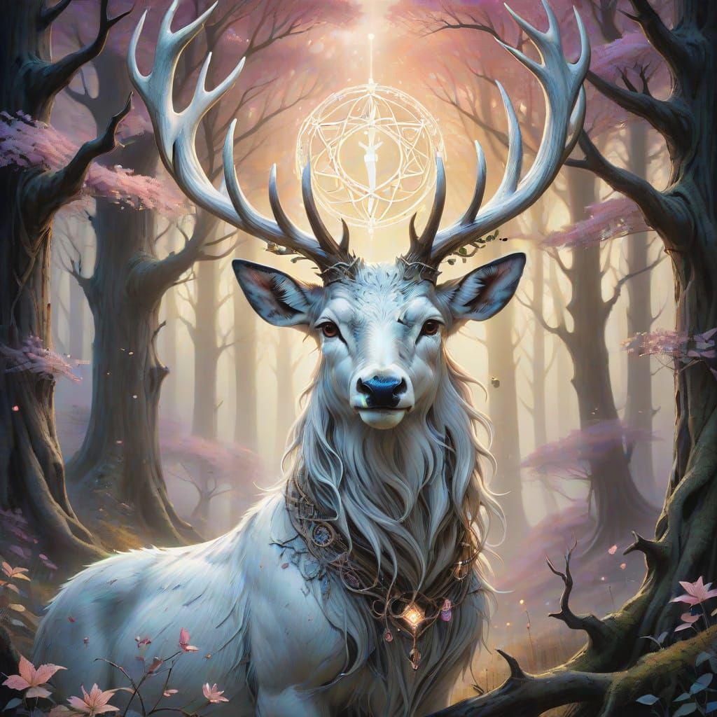"In the heart of an enchanted forest, a strikingly majestic white stag stands tall, its gentle features ...  by @Asor Darfire