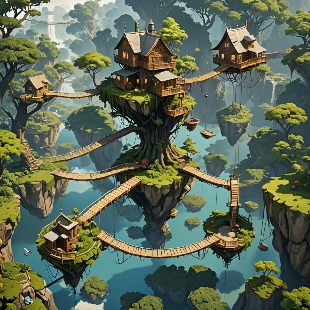 Floating islands, treehouses and bridges connecting them