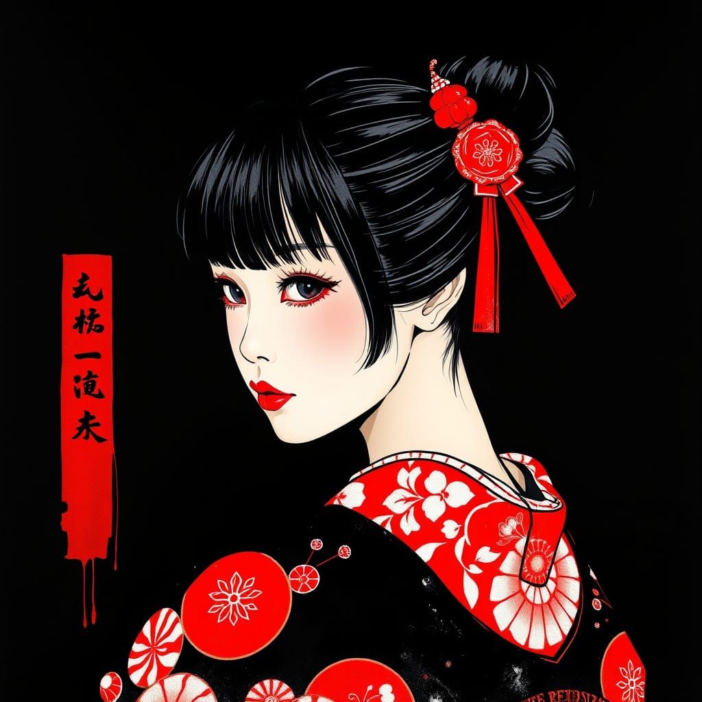 Japanese Woman in Vibrant Kimono against Black Background