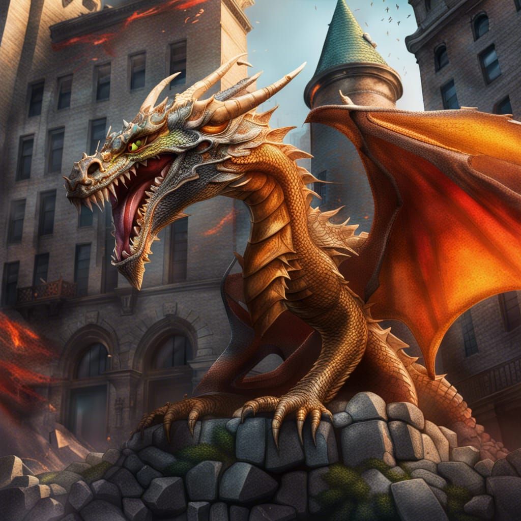 A Dragon attacking the Castle and it is crumbling in downtown New York ...