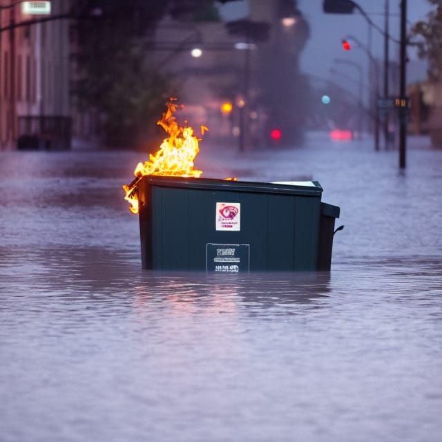Trash dumpster on fire floating down a flooded street   by @Micheal Bomberger