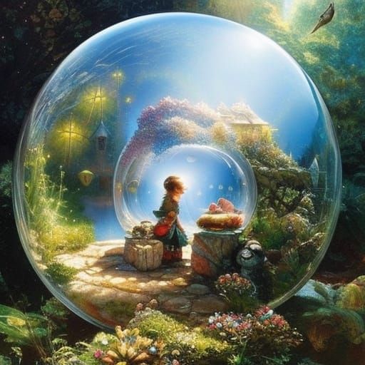 ""beautiful tiny crystal village floating in a round crystal...