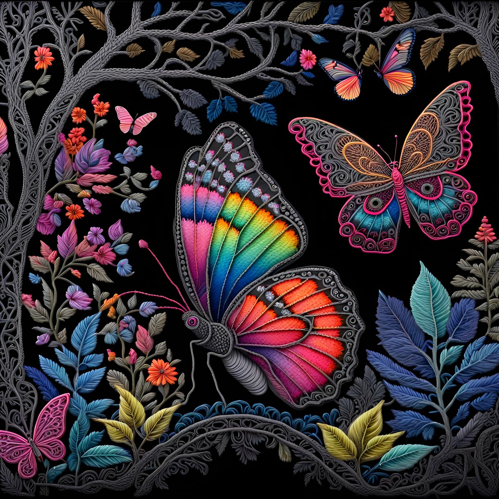 Prismatic neon painted on black velvet,  butterfly, Flemish ...