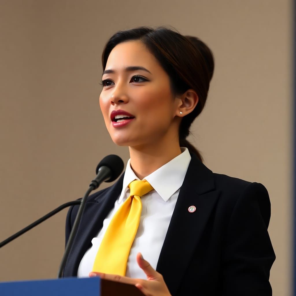 A woman wearing a black suit and a yellow necktie