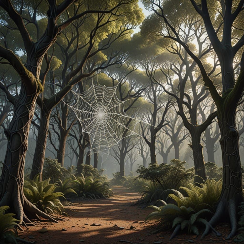  "A sprawling, surreal landscape where towering trees have trunks made of intricately woven spider webs and the ground is a shimmering, silv...