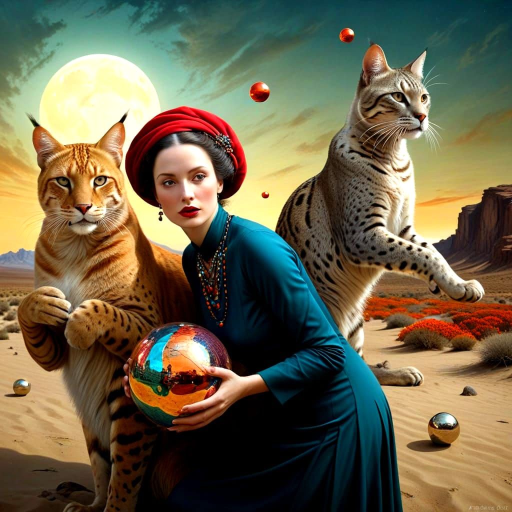 Surreal Whimsical Scene of Happy Ladies and Cats in Vibrant ...