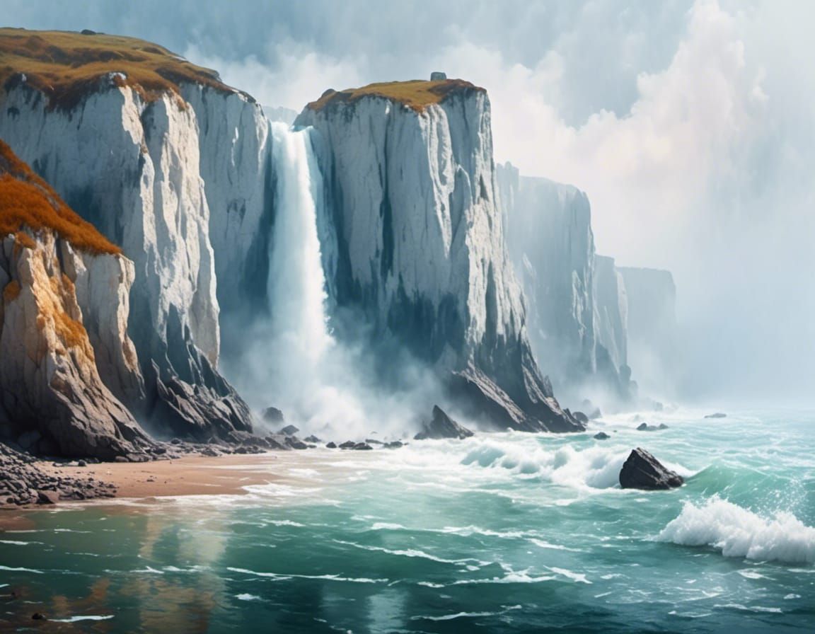 White cliffs near the sea, misty