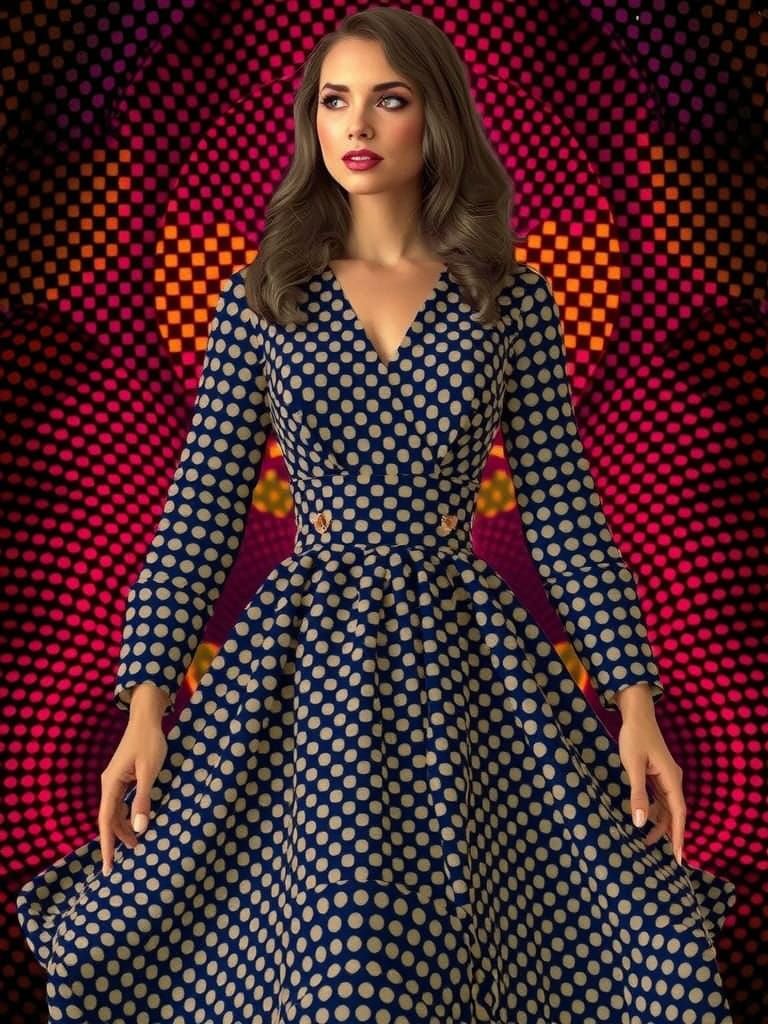 A gorgeous female attractive features stands in an optical illusion, camouflaged within a polka dot dress that slowly gradient fades into th...