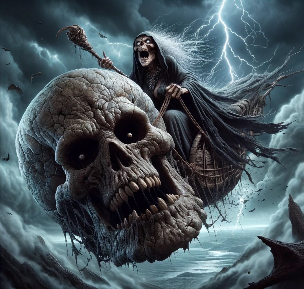 Baba Lysaga riding in her giant skull