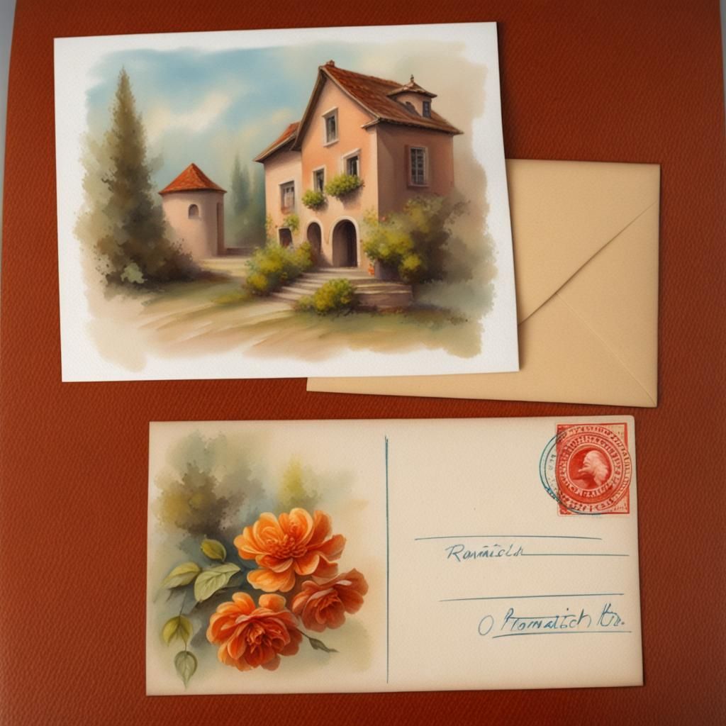 Postcard and Enveloppe, Label, Vintage Romatich, oil Painted Airbrush  by @Denise