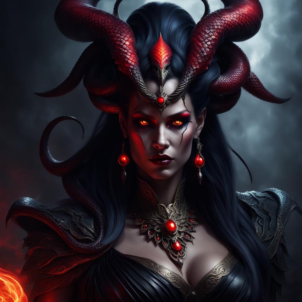 -fantasy-demon-queen-with-snake-hair-horns-1-glowing red eyes ...