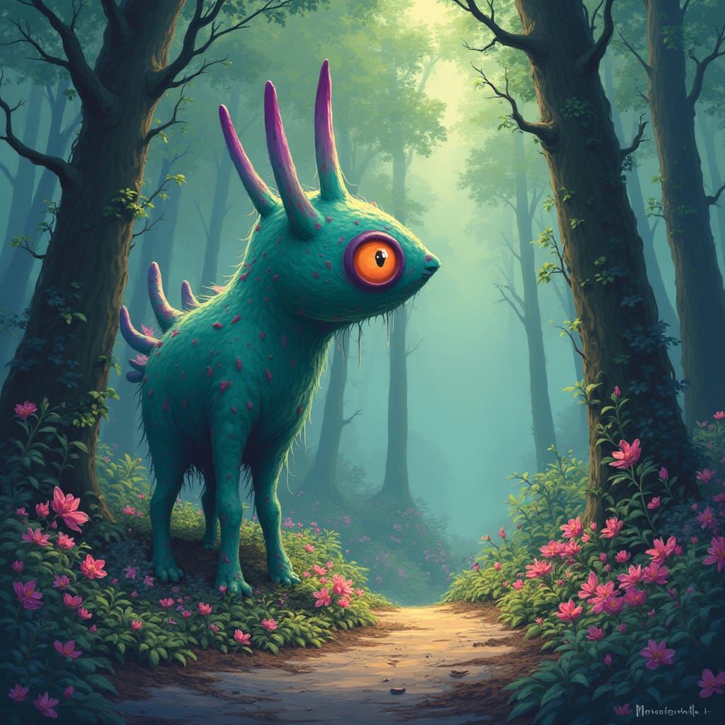 Magical Creature in Enchanted Forest, Whimsical Art