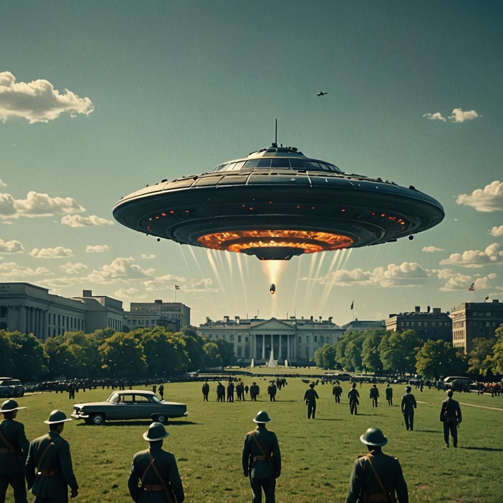 1950s style circular UFO landing at Washington DC surrounded...