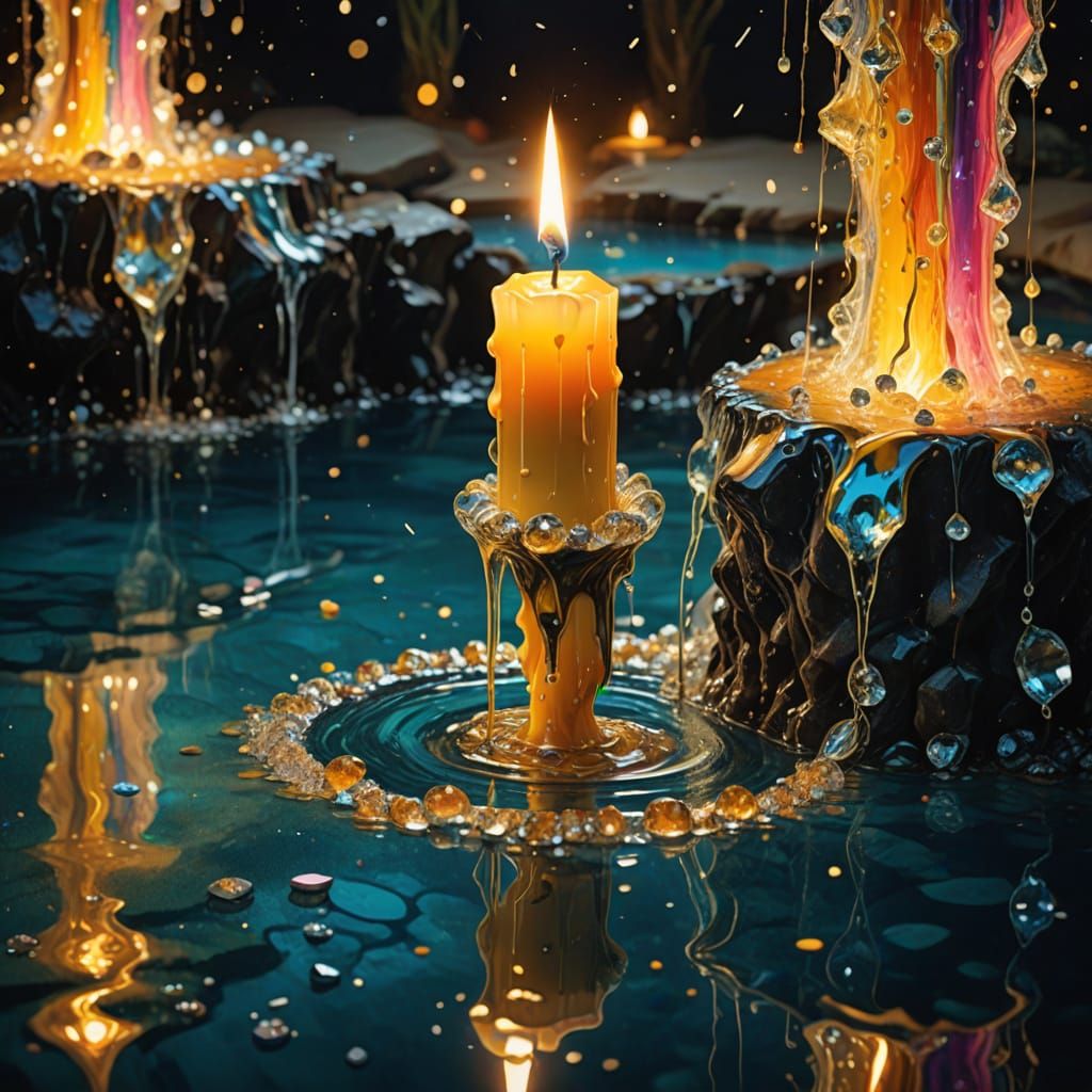 colorful waterfall of glittery wax, cascading into a pool, from the older of a large pillar candle, that's ...  by @jim