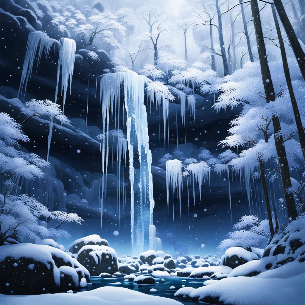 Icy Waterfall in Japanese Forest: Miyazaki-Inspired