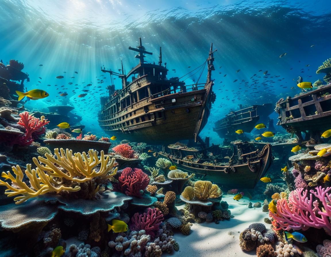 Coral reef: Underwater scene with cardboard boat