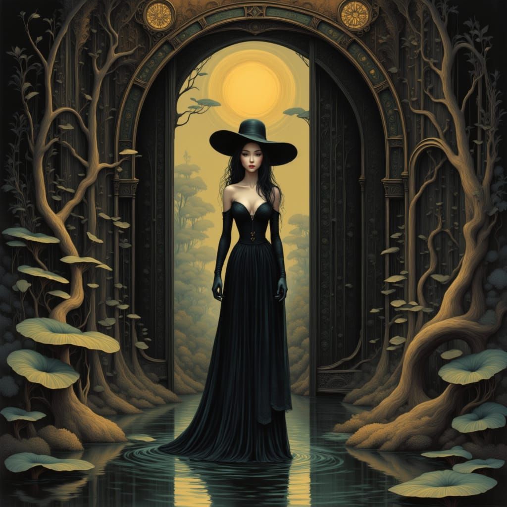 <lora:MY QUIRKY SCIENCE:1.0>
Woman in a black dress and wide-brimmed hat stands in a dark, textured doorway. (soft gothic styled), She has p...