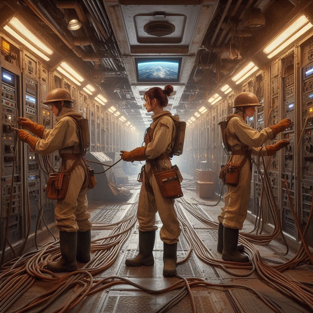 In the main corridor of an old spacefreighter, electric line...