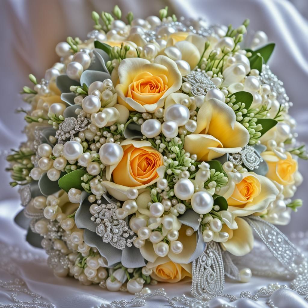 Beautiful  bright wedding bouquet of freesias, roses, eucalyptus, Gypsophila. pearls, silver leaves. Classy, Bright colors, finely detailed...