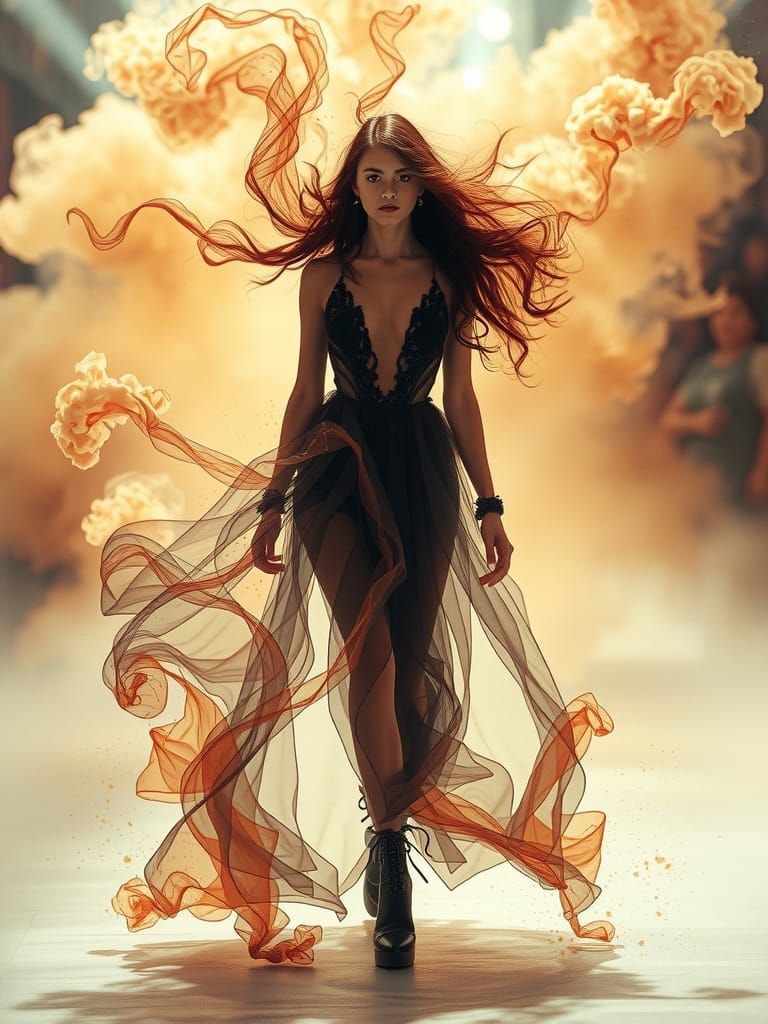 Elegant Woman Dissolves into Swirling Smoke in Vibrant Digit...