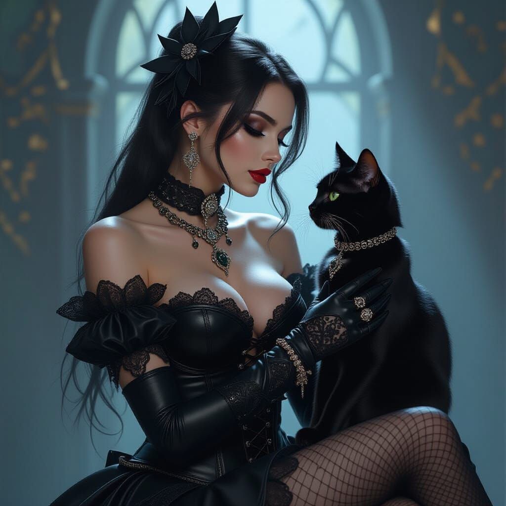A photorealistic picture
A beautiful woman, dressed as a goth. She is holding a black cat and talking ...  by @KinginYellow2