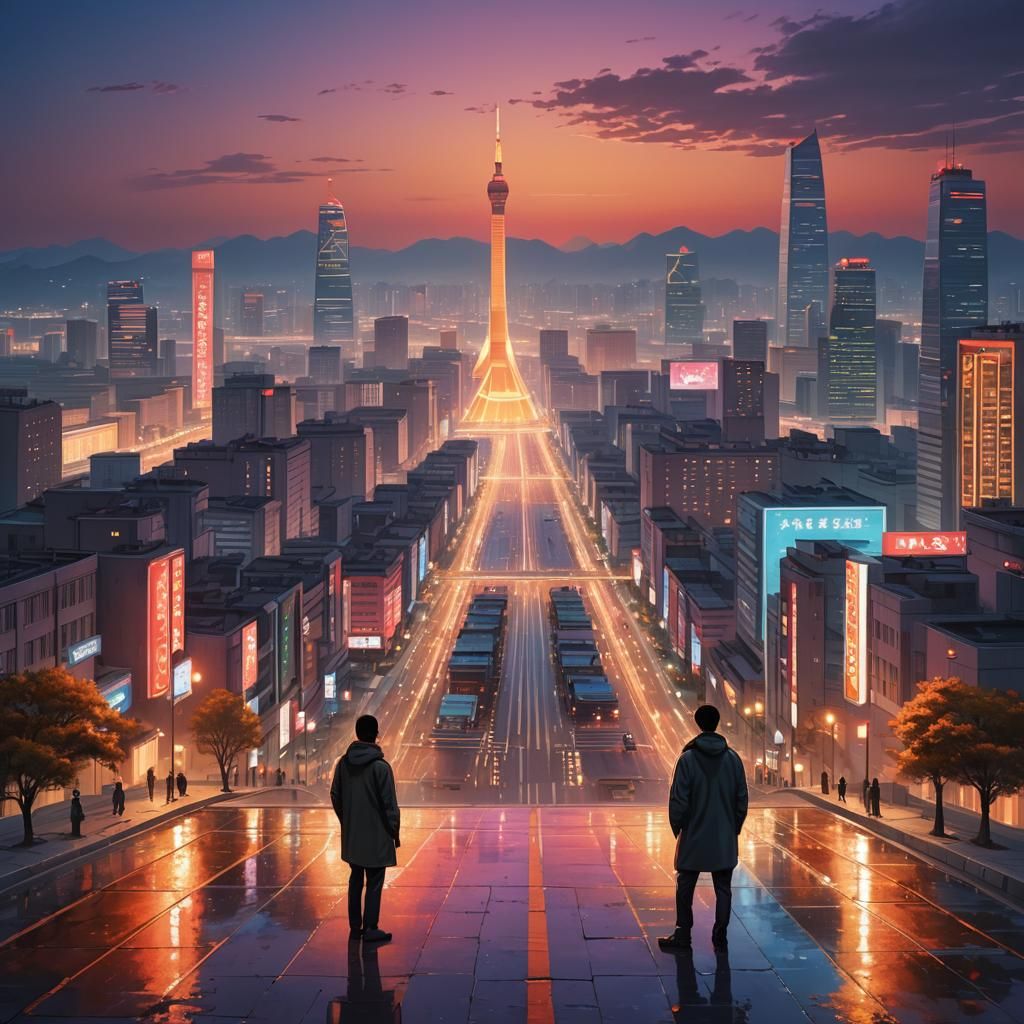 Vibrant Pyongyang Cityscape at Dusk: Digital Painting