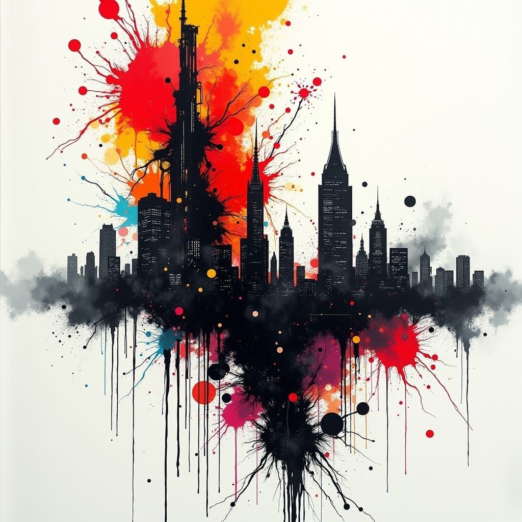 <lora:Twisted Ink v2:0.6> a vibrant explosion double exposure of a cityscape