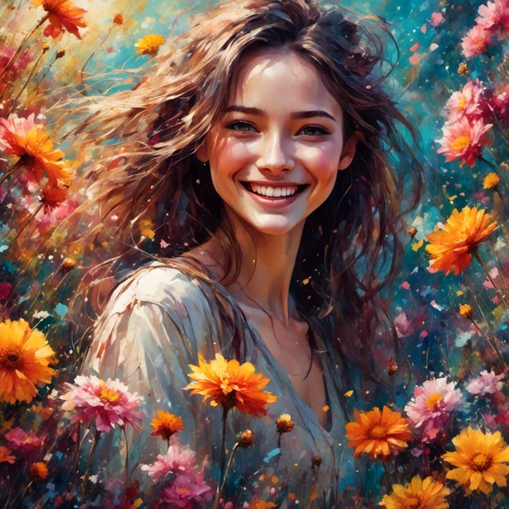 <lora:NaturxSmileV1:1.0> Nice girl smilling, with flowers al...
