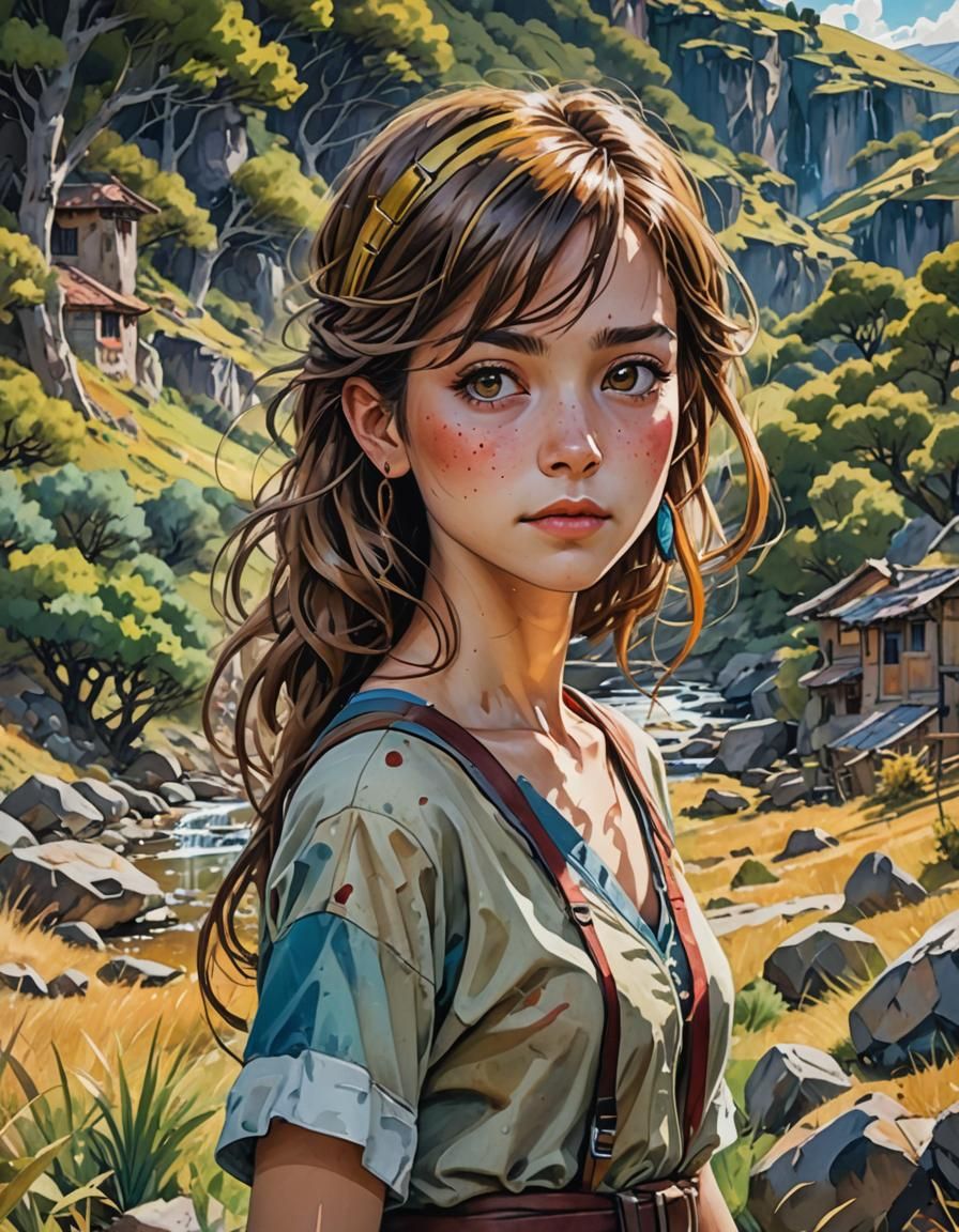 Mujer hermosa de pelo corto castaño en una paisaje hermoso