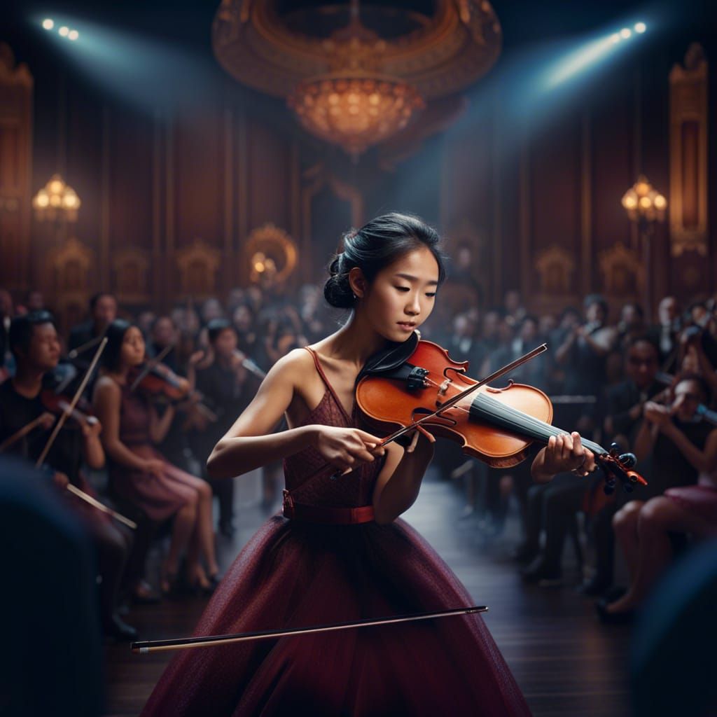 Violinist playing on stage with an emotional audience in the background