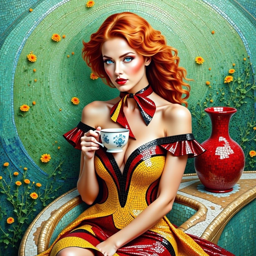 <lora:MosaicStyleFx:1.0> mosaic digital art of a pretty woman, ginger hair, blue eyes, red lips, red, yellow, black short , mosaic digital d...
