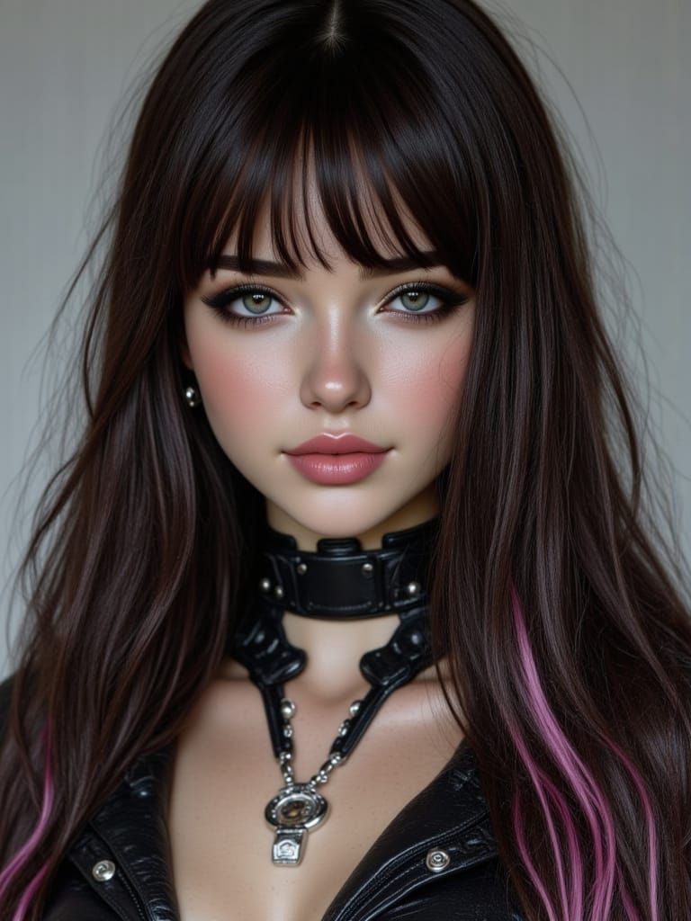 <lora:Cyberlleon Girls:1.0> a hyper-realistic photograph of the most beautiful brunette woman wearing black latex and cyberpunk-inspired . s...