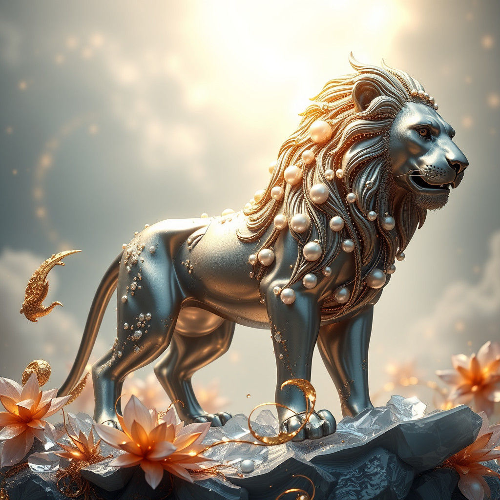 Titanium Lion Sculpture with Pearls and Epoxy Resin