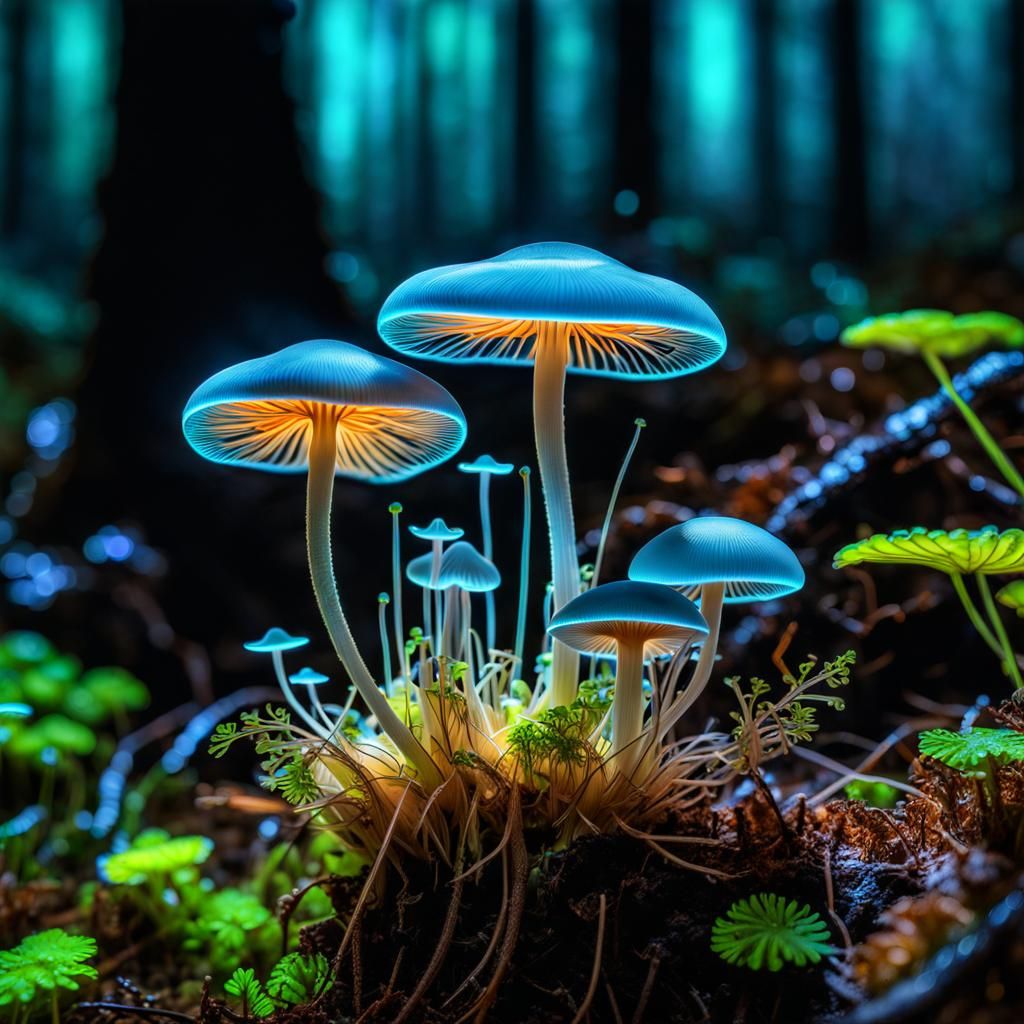 Bioluminescent Mycena chlorophos Mushroom
