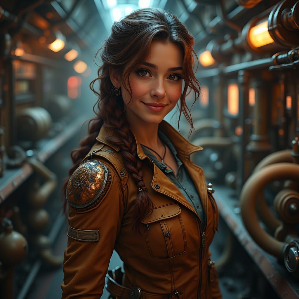 A woman, about 30 years old, working as a mechanic in a spaceship  by @Manne